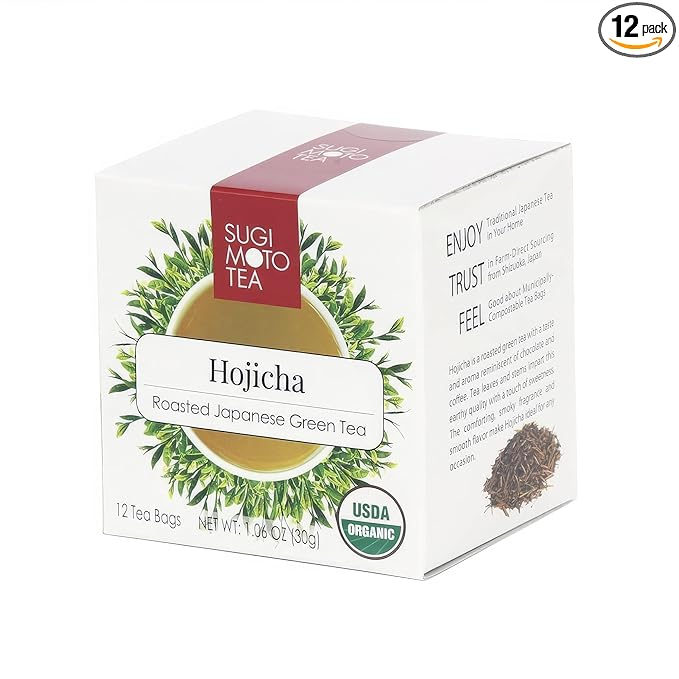 SUGIMOTO TEA Japanese Organic Hojicha Roasted Green Tea Bags 12 Count Pack of 1
