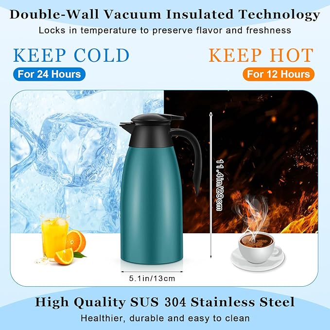 Uiifan 2 Pcs 68oz Thermal Carafe Insulated Stainless Steel Carafe Double Walled Vacuum Flask with Brushes for Keeping Coffee Tea for 12 Hours (Green)