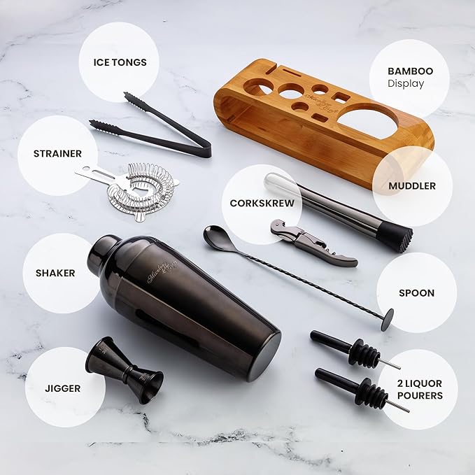 Mixology & Craft Cocktail Shaker Set: 10-Piece Bartender Kit with Stand | Complete at Home Bar Set with Bar Accessories | Great Housewarming Gift | Leak-Proof Design (Gun-Metal)