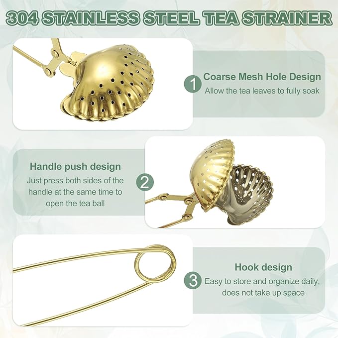 uxcell 1 Pcs Tea Infuser, Stainless Steel Loose Leaf Tea Infuser Filter, Long Handle Tea Steeper Strainers for Cup and Teapot for Tearoom Office Home, Shell Shaped Gold