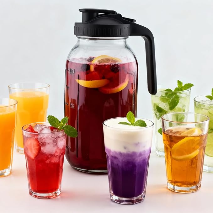 3 Pack 64oz Mason Jar Pitcher with Lid – Wide Mouth, Leakproof glass water jug, Breast Milk Pitcher for Juice, Milk, Tea, Cold Brew Coffee（2 black &1 gary）