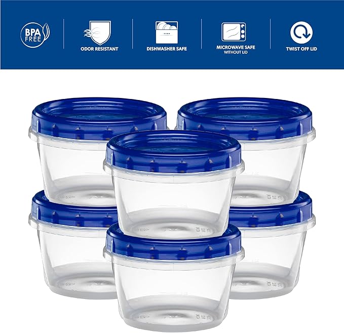 Twist Top Deli Containers Food Storage Containers Blue Screw on Lid Reusable Stackable Leakproof Airtight, pack of 10-16 oz containers