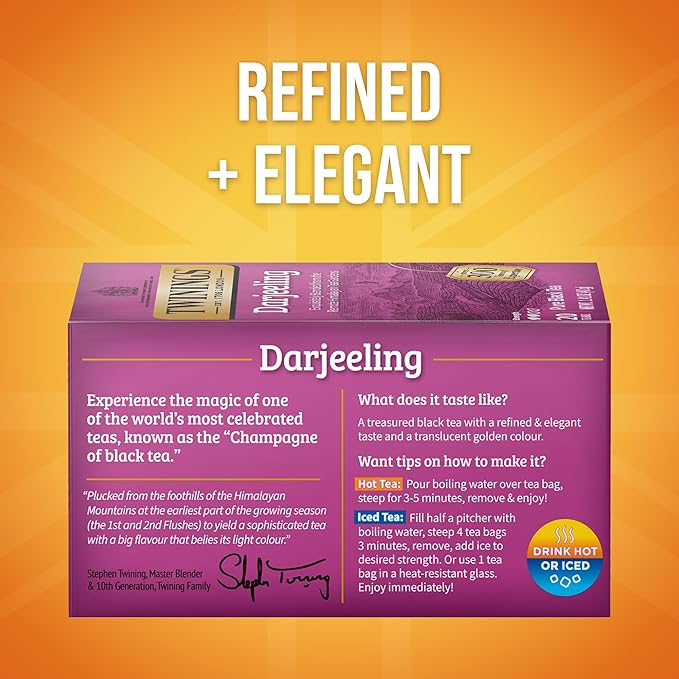 Twinings Darjeeling Black Tea Individually Wrapped Bags, 20 Count (Pack of 6), Delicate Light Taste, Caffeinated, Enjoy Hot or Iced, 120 Teabags
