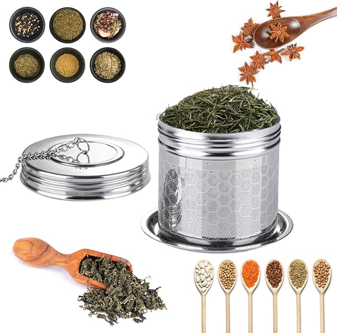 Tea Infuser Tea Strainer for Loose Tea, Stainless Steel Tea Ball with Chain Hook and Drip Tray, Extra Fine Mesh Tea Filter for Brew Tea, Spices & Seasonings (1Pack，2.95in）