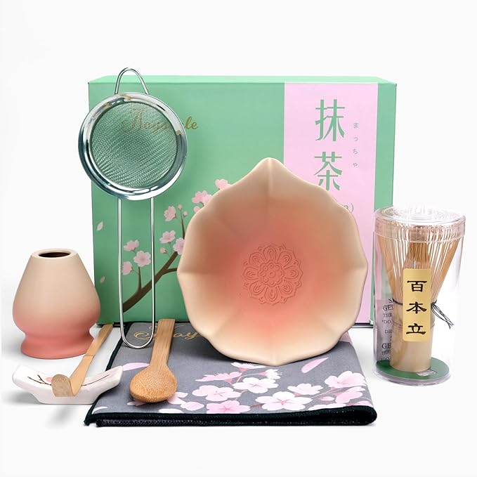 Joyscale Matcha Whisk Set, Matcha Set Whisk And Bowl, 8 Pcs Matcha Kit Set(Lotus Design), 11 OZ, Japanese Matcha Tea Set, Matcha Making Kit Gifts for Tea Lovers(Orange Pink)
