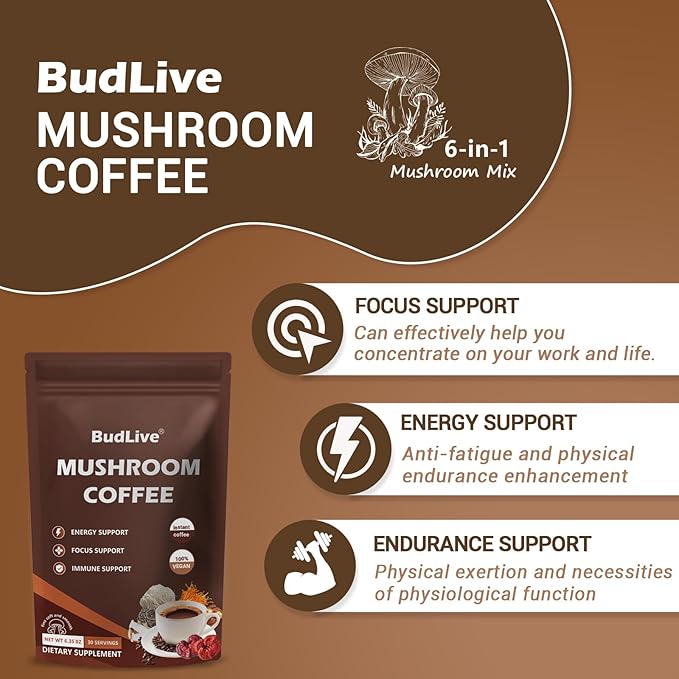 Mushroom Coffee with Lion's Mane, Reishi & Cordyceps – 6 Mushroom Adaptogen Blend for Focus, Energy, Digestion & Immune Support, Low Acid Instant Coffee Powder, 30 Servings