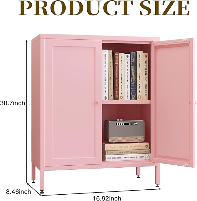 Small 2 Transparent Door Metal Storage Side Buffet Cabinet for Bed Room,Living Room,Entryway,Hallway,Home,Hotel,Office,Garage,Kitchen,1 Removable Shelf. (Square Door, Pink)