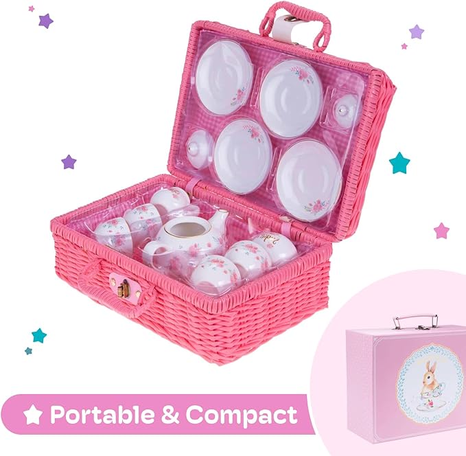 Porcelain Tea Set for Girls - Pink Ceramic Tea Cups with Pink Box - Glass Toy for Kids Party - Ideal Gift for Toddlers and Children's Ages 3 Years Old - Floral Design, 13 Pieces
