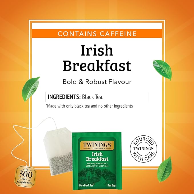 Twinings Irish Breakfast Black Tea Individually Wrapped Bags, 50 Count (Pack of 6), Flavourful, Bold, Robust, Caffeinated, Enjoy Hot or Iced, 300 Teabags