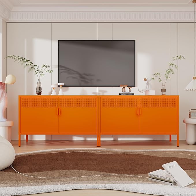 Orange Metal Storage Cabinet,2 Door TV Stand, Metal Mesh Accent Cabinet,Magnetic Door Closure,Low Storage Cabinets with Doors and Shelf for Home,Office,Living Room
