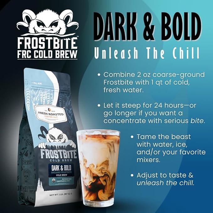 Fresh Roasted Coffee, Organic Dark & Bold Frostbite Cold Brew | USDA Organic, Kosher | Dark Roast | 12 oz Whole Bean