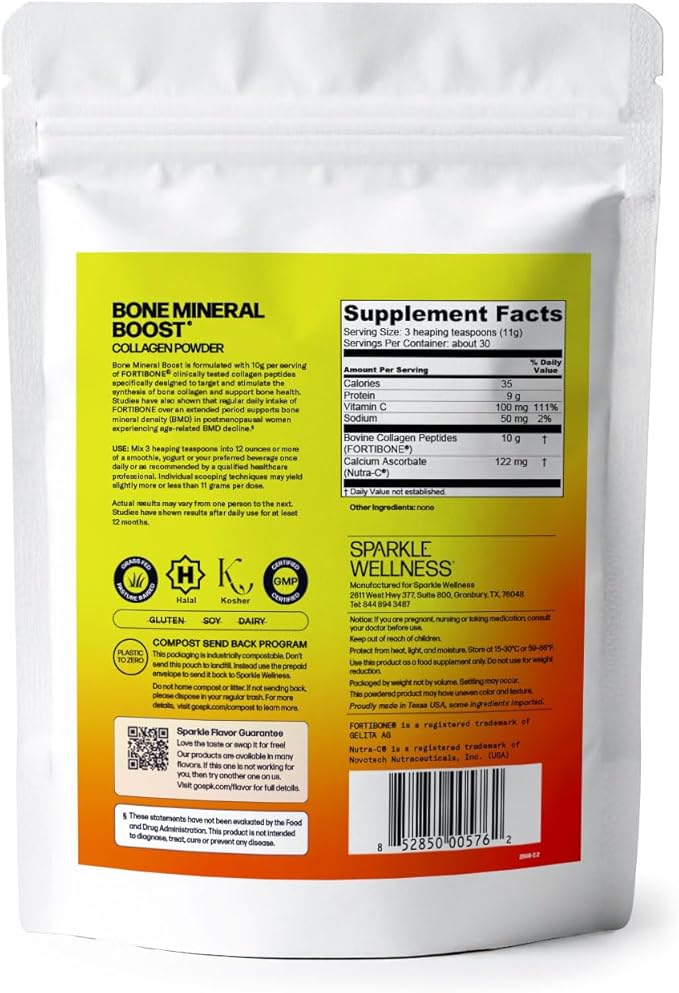 Sparkle Wellness Bone Mineral Boost (No Flavor) [30 Serves] | Collagen Powder Supplement | FORTIBONE Bioactive Collagen Peptides and Buffered Vitamin C Nutra C | Bone Supplements