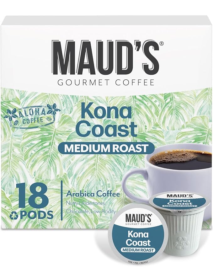 Maud's Kona Coffee Pods, 18 ct, Medium Roast Coffee in Recyclable Single Serve Pods – 100% Arabica Coffee, Compatible with Keurig K Cups Maker
