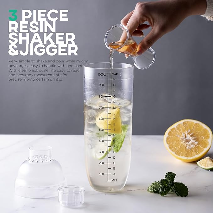 Homestia 2Pcs Plastic Cocktail Shaker with Double Jigger Set, 33oz/1000cc Clear Plastic Bottle Boba Tea Shaker Cup with Scales, Transparent Hand Drink Mixer Cocktail Measuring Cup for Bar Tools