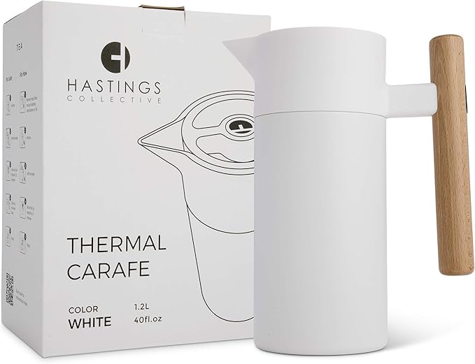 Hastings Collective Thermal Coffee Carafe 40 Oz - Stainless Steel Double Walled Vacuum Insulated Carafe - 1 Liter Thermal Coffee Pot Thermos, Travel Size Beverage Dispenser with Tea Infuser (White)