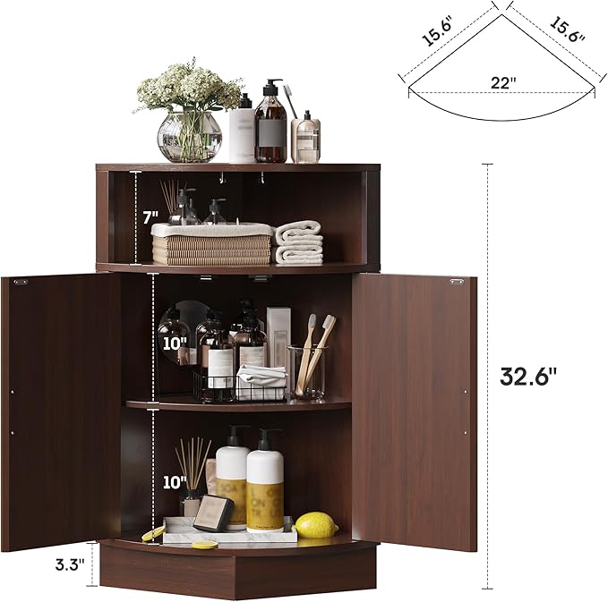 Corner Bathroom Cabinet, Modern Small Corner Cabinet with Fluted Door and Open Shelf, Space Saver for Bathroom, Living Room, Kitchen, Brown