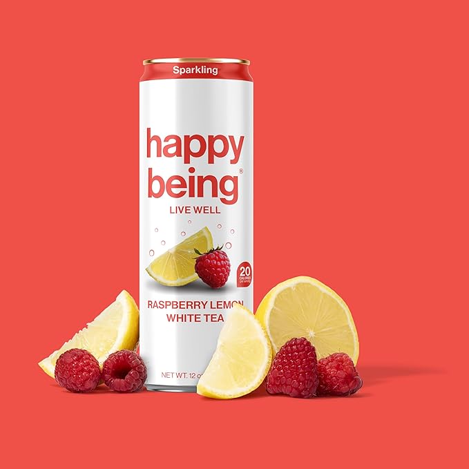 Happy Being Sparkling Nutrient-Rich Raspberry Lemonade White Tea – Infused with Turmeric, Elderberry, Vitamin D3, Caffeine Free, Plant-Based, Low Calorie & Low Sugar Drinks, 12oz (4 Pack)
