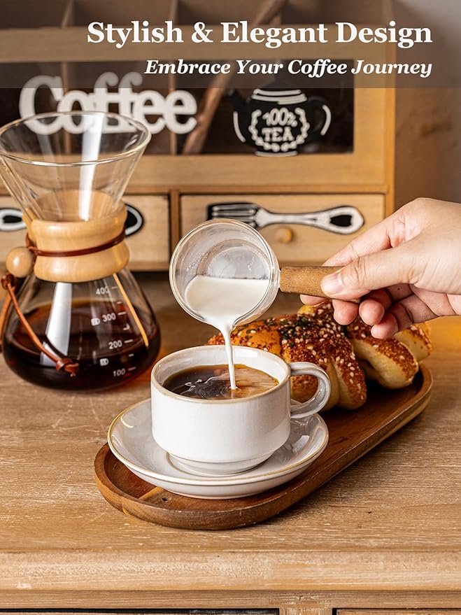 Gomakren 6 Ounce Cappuccino Cups with Saucers and Metal Stand, Stackable Coffee Cup Set of 4, Christmas Porcelain Espresso Cups for Coffee Drinks, Cappuccino, Latte, Americano, Tea, White