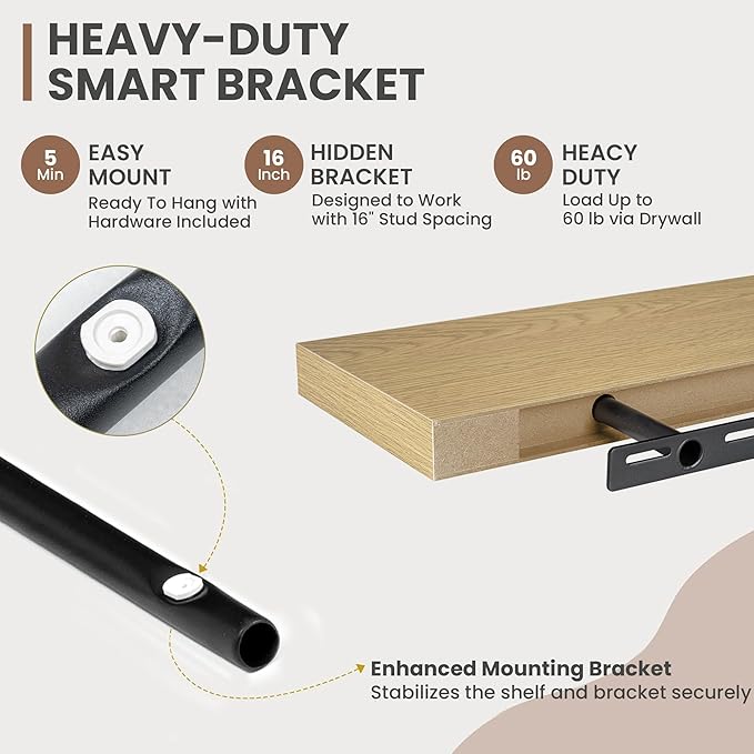 72 Inch Floating Shelves, 8 Inch Deep Floating Shelves for Wall, Hanging Shelf with Invisible Brackets, Deep Shelves for Bathroom, Bedroom, Living Room, Oak, Set of 1