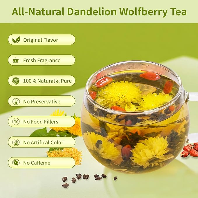 Dandelion Wolfberry Tea Bags, Natural Kidneys & Liver Health Tea with Dandelion, Chrysanthemum, Wolfberry, Cassia Seed, Licorice, Orange Peel, Gardenia, Dandelion Root Tea (1 Pack/12 Bags)