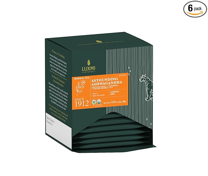 Luxmi Estates Astounding Ashwagandha Root Tea, 15 Tea Bags (30g) Pack of 6, Certified USDA Organic Herbal Eco-Conscious Tea Bags, with Turmeric, Ginger, Lemongrass & More, for Sleep, Relaxing, and Stress Relief