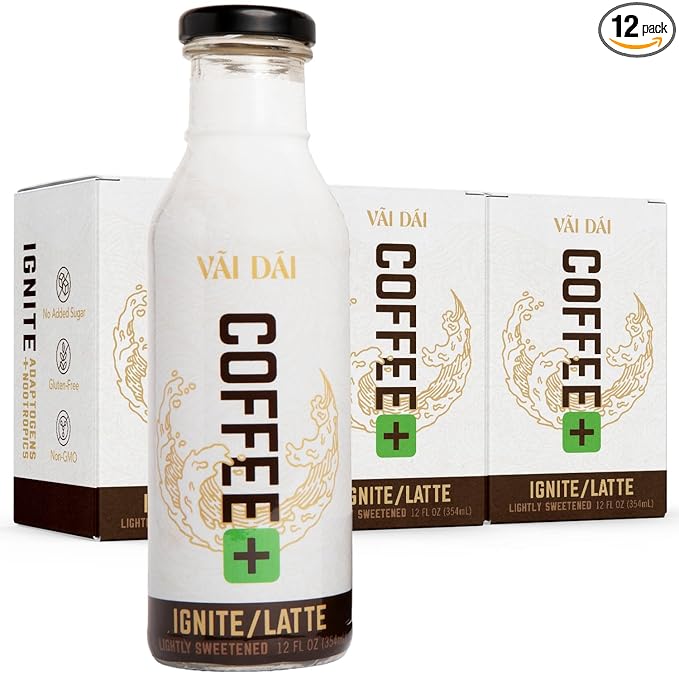 Vai Dai Coffee Latte 12-pack, Lightly Sweetened, Ready-to-Drink, Functional, Adaptogens & Nootropics for Energy, Focus & Mental Clarity, with Lion’s Mane, Ashwagandha, Mushrooms & Cordyceps, Gluten-Free, Non-GMO. VaiDai