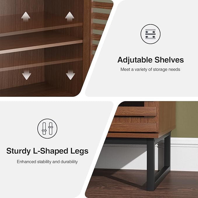Vabches 31.5" Buffet Cabinet with Storage, Mid Century Modern Sideboard Coffee Bar Cabinet with Grille Doors & Adjustable Shelves for Kitchen, Dining Room, Living Room, Walnut