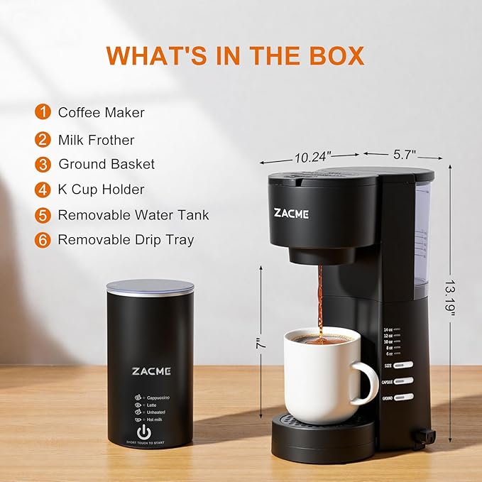 ZACME Single Serve Coffee Maker with Milk Frother, Coffee Machine with Brewing & Frothing System, 28oz Water Tank, Adjustable Brew Strength, Quick Brew, Self-Cleaning