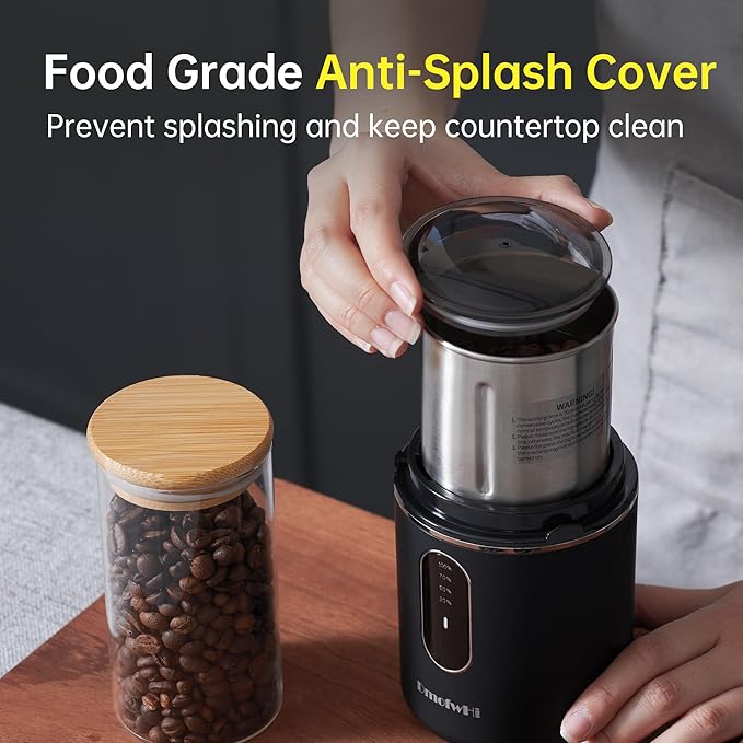 DmofwHi Cordless Coffee Grinder Electric, USB Rechargeable Coffee Bean Grinder with 304 Stainless Steel Blade and Removable Bowl-Black