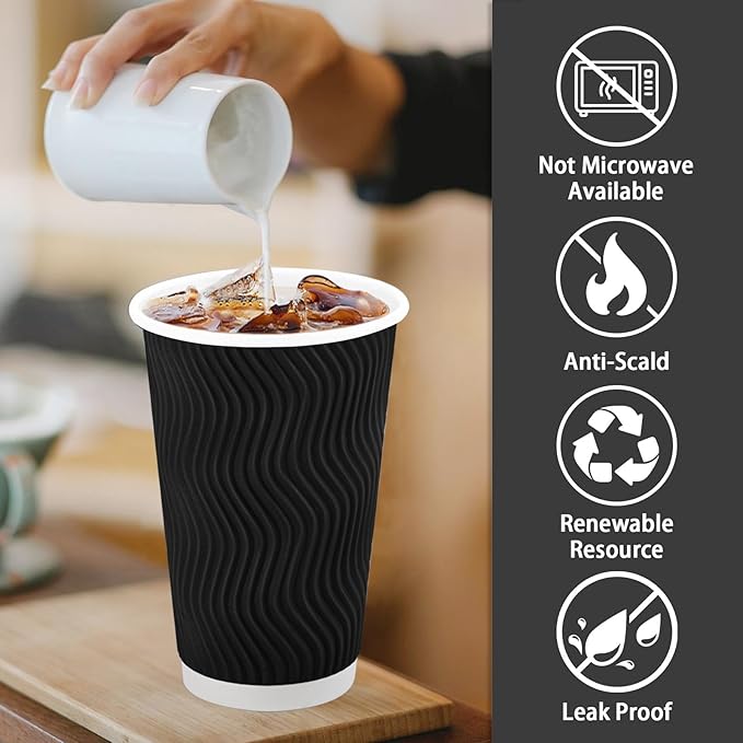 Lamosi Disposable Coffee Cups 16 OZ 500 Pack, Paper Coffee Cups 16 OZ for Hot Drinks or Cold Beverages, Insulated Corrugated Ripple Wall Cup No Lids for Office, Cafe, Home or Travel (Black)