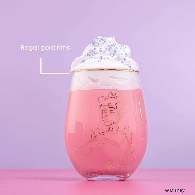 JoyJolt Disney Princess Sketch Stemless Drinking Glasses, 19oz Glass Cups ft Princess Jasmine Ariel Belle Cinderella, Disney Princess Kitchen Glassware Set of 4, Disney Gifts for Adults
