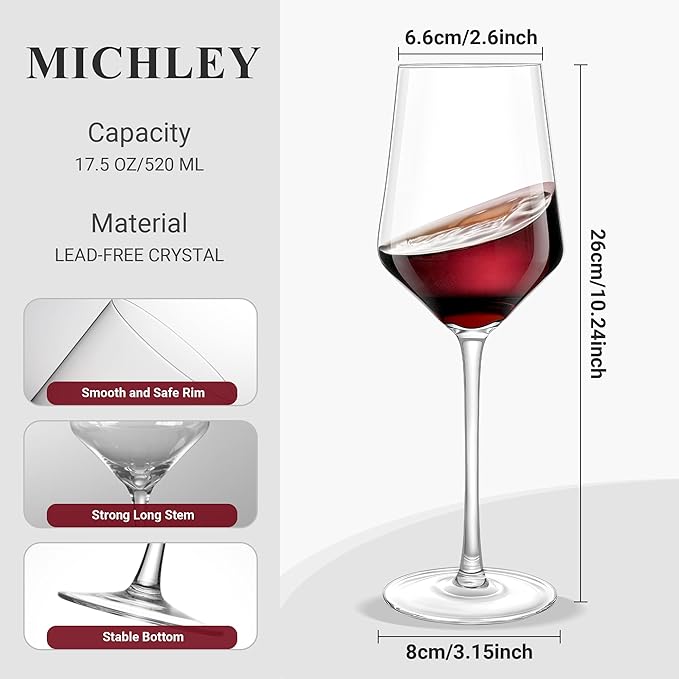 MICHLEY Long Stem Crystal Wine Glasses Set of 4-17.6 oz Lead-Free Crystal Glassware for Red & White Wine,Elegant Drinking Cups for Weddings, Parties, Gifts