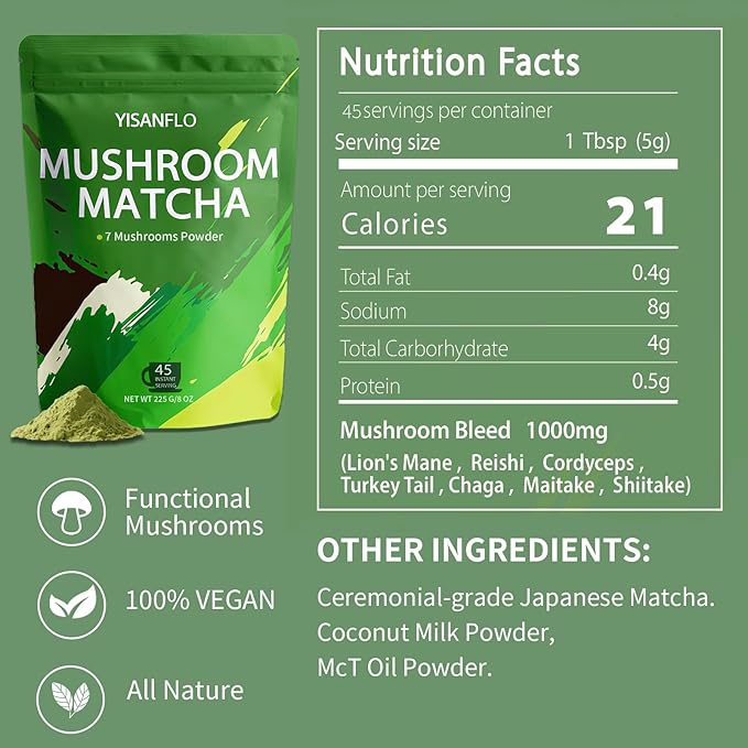 YISANFLO 7-in-1 Mushroom Matcha for Energy, Focus, Digestion, Immunity, Turkey Tail, Shiitake, Lion's Mane, Ceremonial-Grade Matcha 8 Oz(45 Servings)