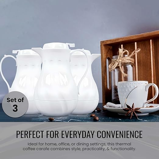 OCS Parts Set of 3 Easy Pour Thermal Coffee Carafes | 8-Inch Insulated Hot and Cold Beverage Pitcher Server for Coffee, Tea, Hot Chocolate and Water | 20-Ounce | White