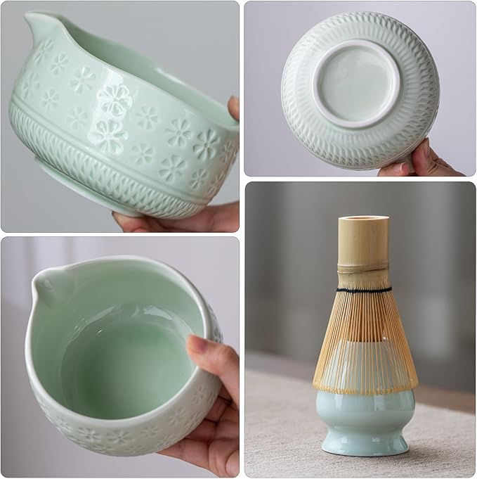 Matcha Whisk Set, Ceramic Matcha Kit Set Includes Matcha Bowl, Matcha Whisk and Holder, Bamboo Scoop, Scoop Rest, Sifter and Tea Towel - 7 Pcs Matcha Kit for Matcha Lovers (Mint)