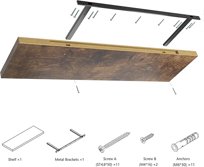 Wall Shelf Set of 1, Rustic Brown Floating Shelves 30 in W x 10 in D x 1 in H, Wooden Floating Wall Shelf with Invisible Brackets for Living Room/Bedroom/Bathroom/Kitchen Storage and Decor