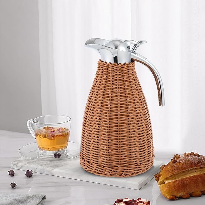 Stainless Steel Coffee Thermal Carafe, 50 Oz/1.5 L Woven Rattan Insulated Coffee Carafe Double Walled Vacuum Insualted 20 Hour Heat Cold Retention (Brown)