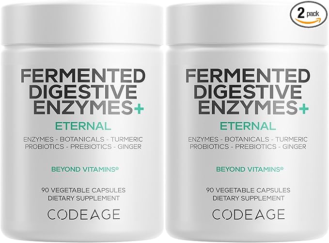 Codeage Fermented Digestive Enzymes Supplement 3-Month Supply - 14 Digestive Enzymes, Probiotics, Prebiotics, Fermented Botanicals, Plant-Based Multi Pancreatic Enzymes - 1 Capsule a Day - 2-Pack