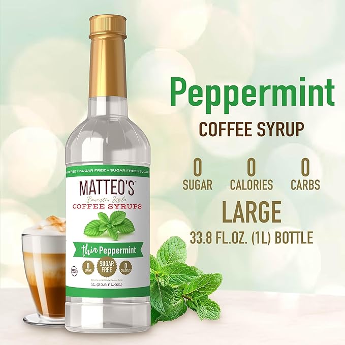 Matteo's Peppermint Syrup for Coffee, Lattes, Cappuccinos & Desserts – Sugar-Free Sweetener for Beverages, Keto Friendly, Zero Calories, Indulgent Flavor, Non-Alcoholic, Ideal for Coffee 33.8oz (1pk)