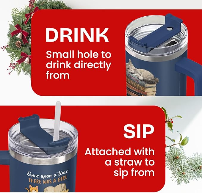 34HD Cat Coffee Tumbler with Handle & Straw, 40 oz Stainless Steel Vacuum Insulated Cat Book Travel Mug, Birthday Christmas Mothers Day Gifts for Pet Lovers Women Mom Librarian Her