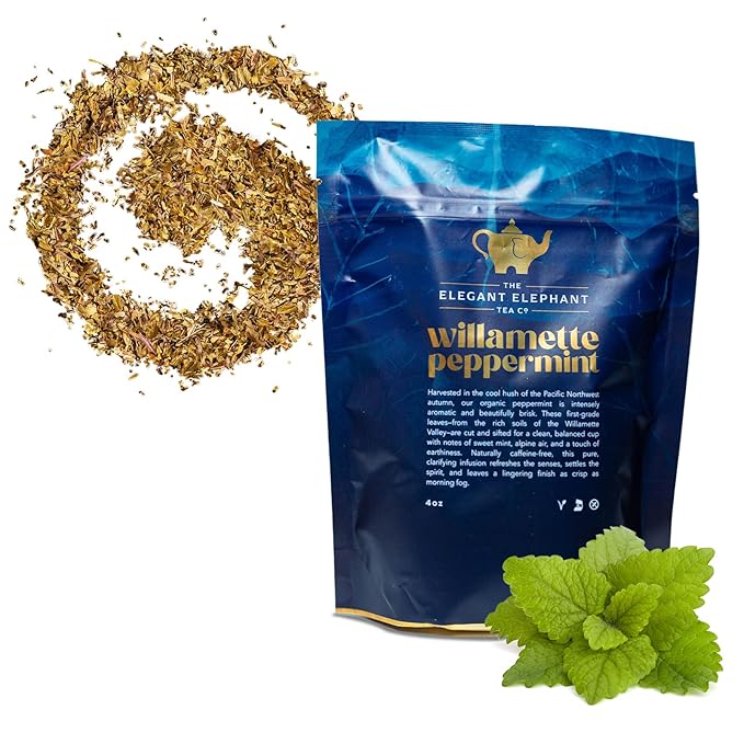 Willamette Peppermint Tea, Organic Loose Leaf Mint Herbal Tea – Soothing, Caffeine-Free – Refreshing Hot or Iced – 4 oz Resealable Bag (Makes 50 Cups) – The Elegant Elephant