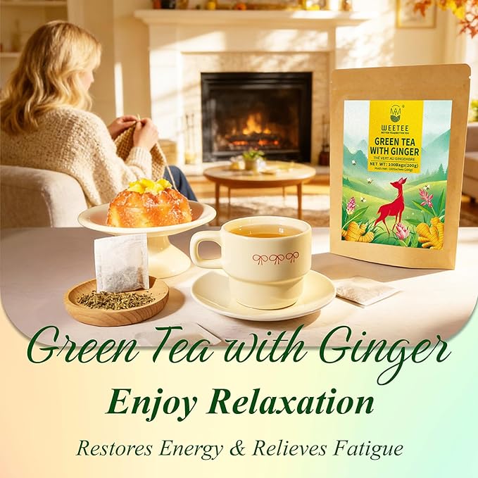WT WEETEE Green Tea with Ginger, 100 Count Real Ginger & Premium Green Tea Bags | Warm & Strong, No Flavorings | Digestive Comfort & Light Energy