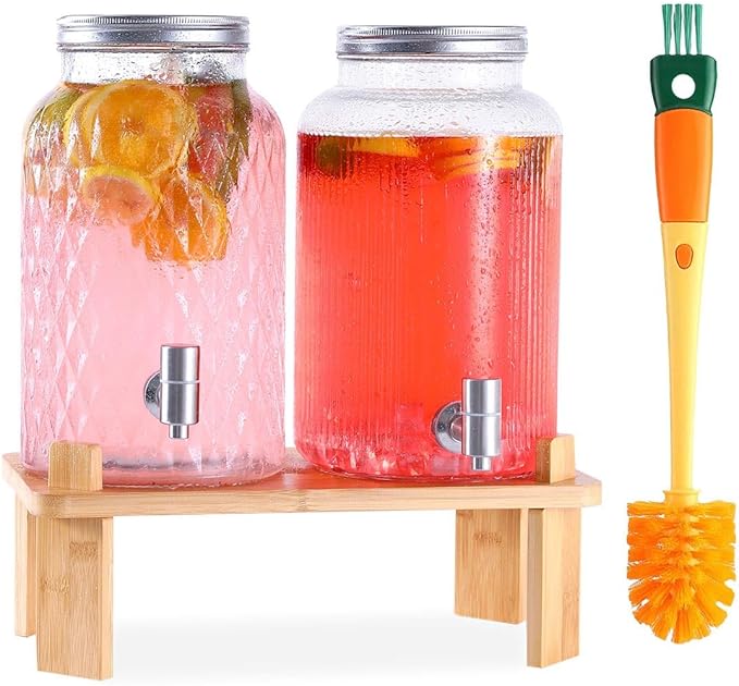 2 PCS Glass Drink Dispenser Set 1.5 Gallon With Stand, Spigot, Large Water Drink Dispensers for Parties for Lemonade, Juice, and Wedding, Bars