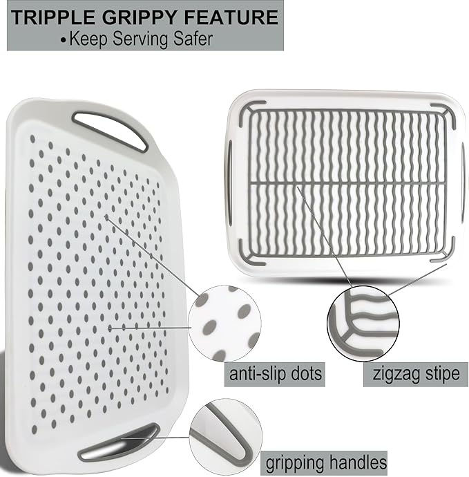 Large Nonslip Serving Tray with Handles, Silicone Grippy Dots Lap Food Trays for Eating, Dishwasher Safe Serve for Breakfast Dinner Snack Fruit Appetizers Beverage, Rectangular, Set of 2, White