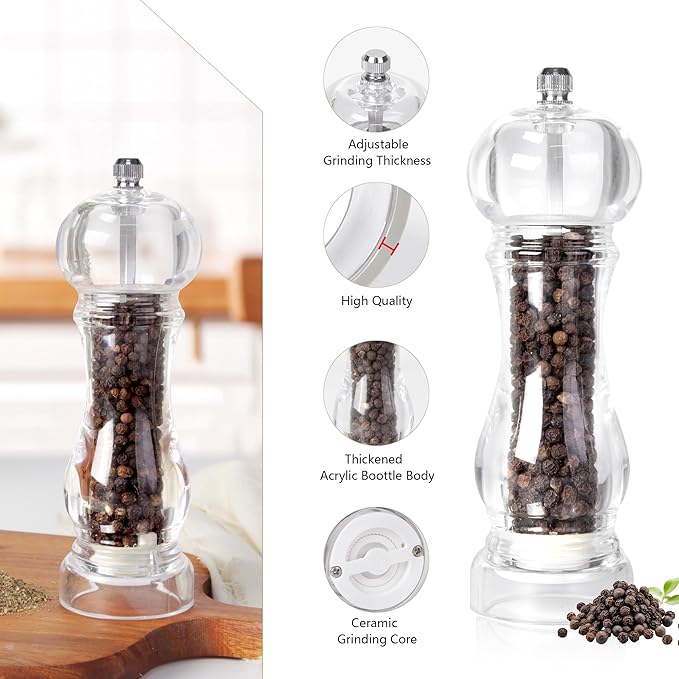LHS 6 Inch Pepper Mill Grinder Salt Grinder, Arcylic Peppercorn Grinders with Adjustable Coarseness-Clear