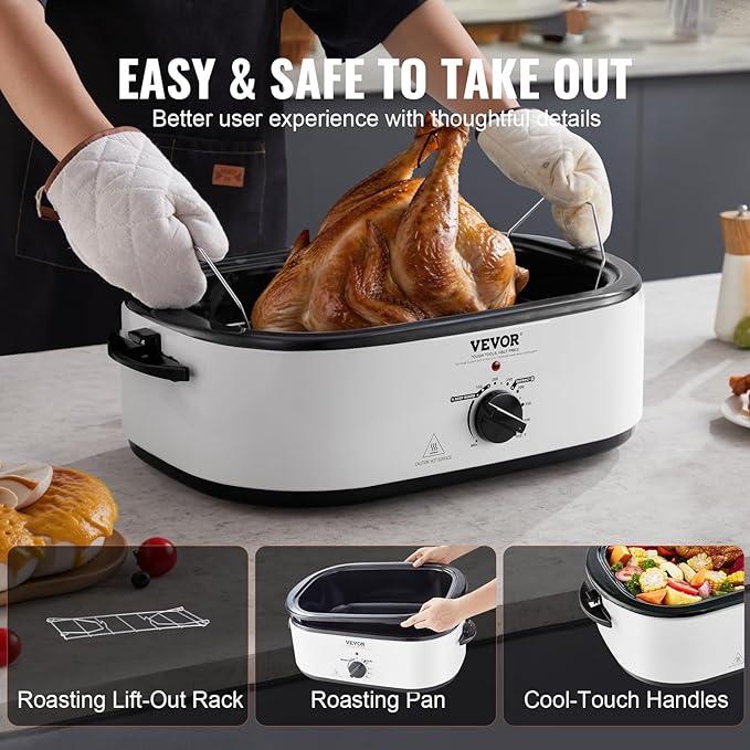VEVOR Electric Roaster Oven, 22 QT Turkey Roaster with Self-Basting Lid, 1450W Roaster with Defrost & Warm Function, Adjustable Temp, Removable Pan & Rack, Fits Turkeys Up to 26LBS, White