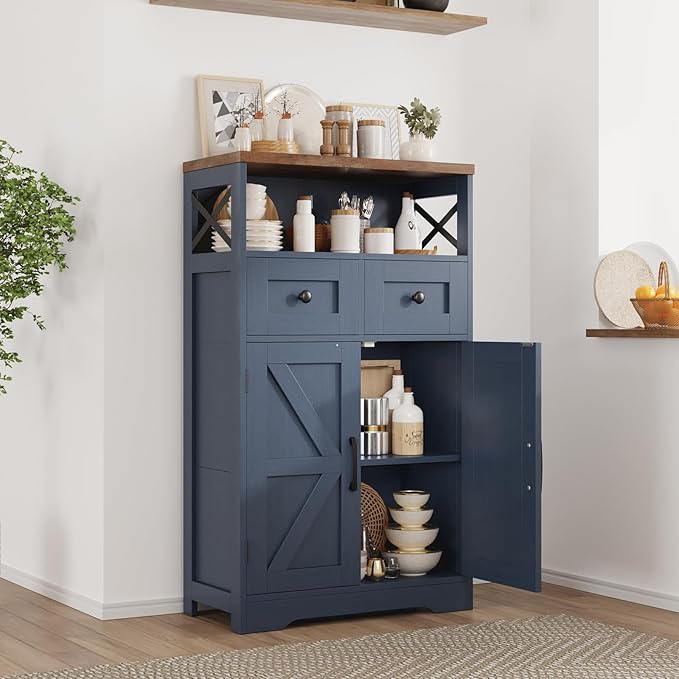 Farmhouse Blue Storage Cabinet with Barn Doors and Drawers, Small Freestanding Kitchen Pantry Cabinet, Hutch Cupboard for Kitchen, Laundry, Living Room,Bathroom