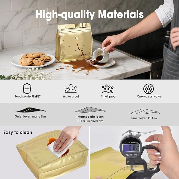 50 Count 16oz Coffee Bags with Valve,1lb Vented Coffee Beans Packaging Bags High Barrier Aluminumed Foil Flat Bottom Heat Sealed Side Zipper Resealable Storage Bag for Home or Business（Gold）