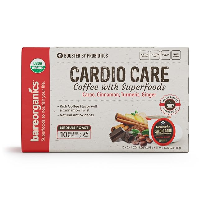 Cardio Care Organic Coffee Pods – Probiotic Coffee with Cacao, Ginger, Turmeric & Cinnamon – Healthy Superfood, Mold Free, Vegan, Gluten Free, everyday dose coffee - 10 Recyclable Single Serve K-Cups - 6 Pack