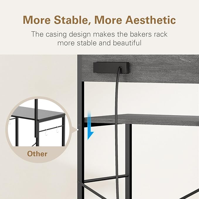 Bakers Rack with 3 Power Outlets, 4-Tier Kitchen Microwave Stand with Storage, Freestanding Kitchen Shelf Stand 23.6”L x 15.7”W x 51.2”H, Coffee Bar Table, Grey